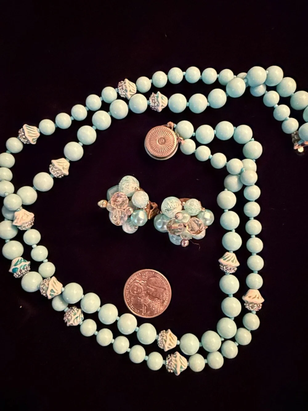 VTG Blue Bead Necklace and Clip-On Earrings Set